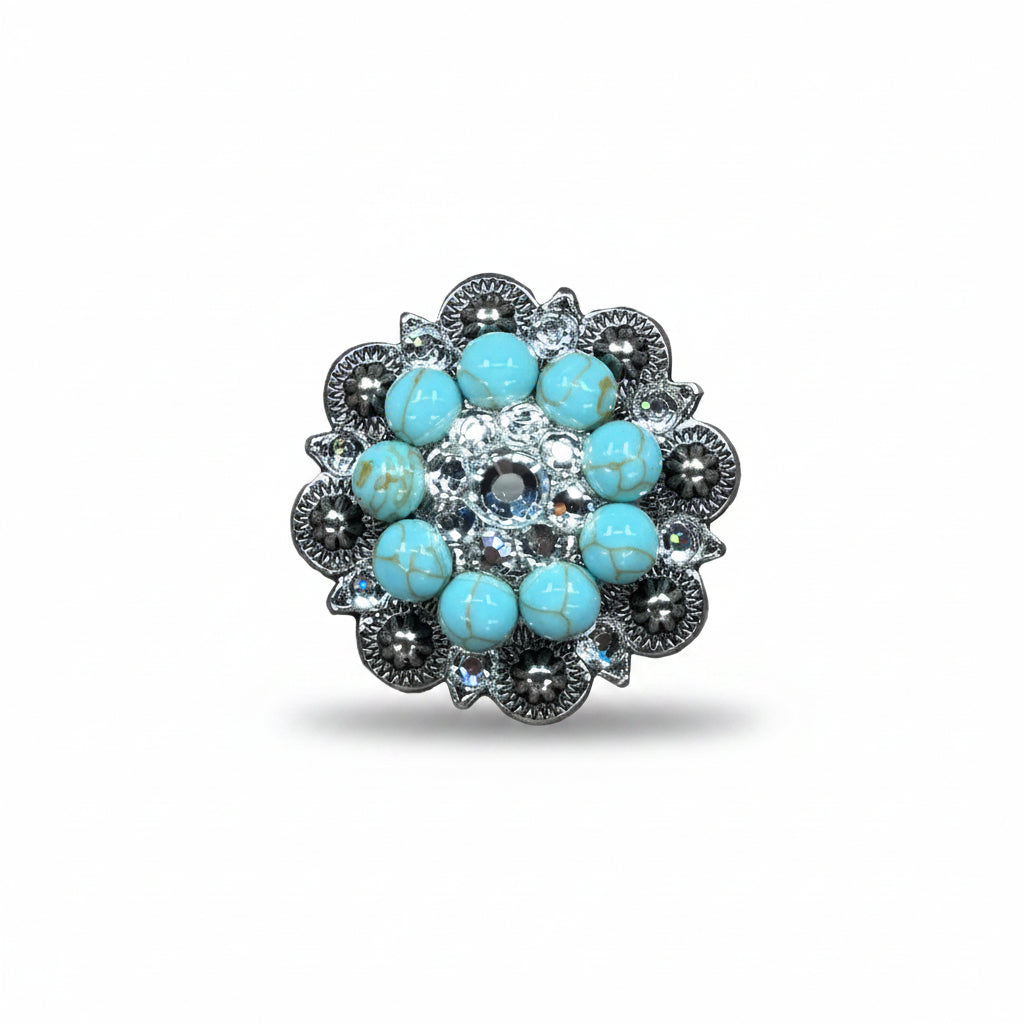 Antique Silver Turquoise - Clear Crystal Conchos | Sizes 1"- 3" | Buckles | Saddle Set | Leather Rosettes | Slide