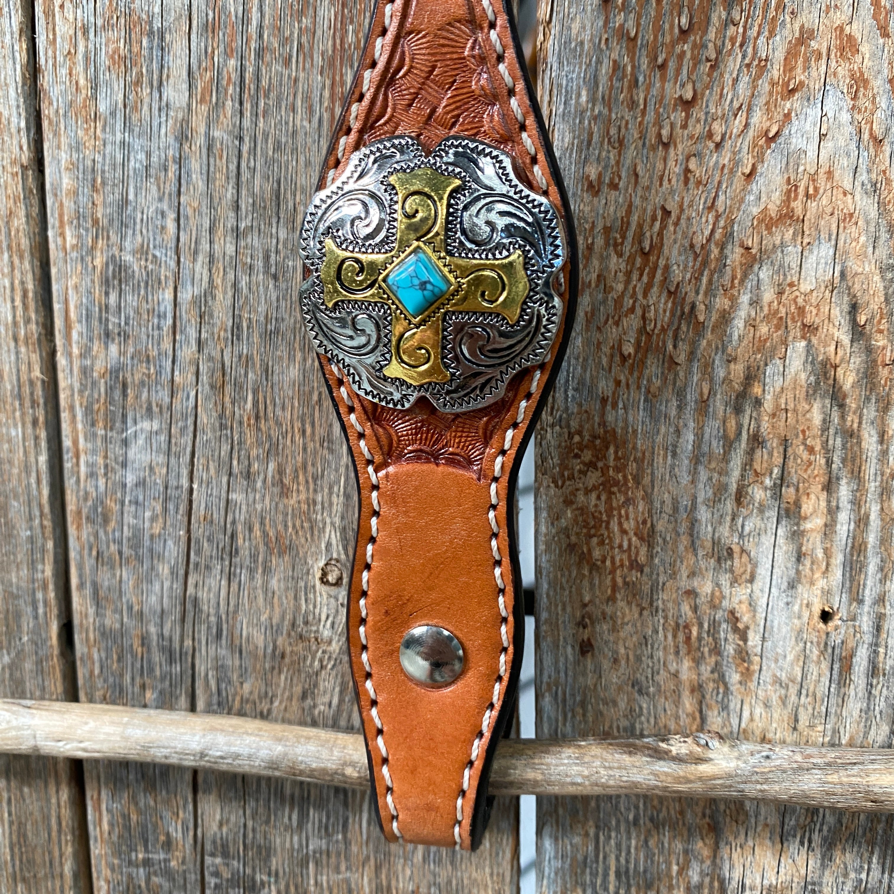 Light Oil Basketweave Turquoise and Cross One Ear Tack Set  #OEBC659