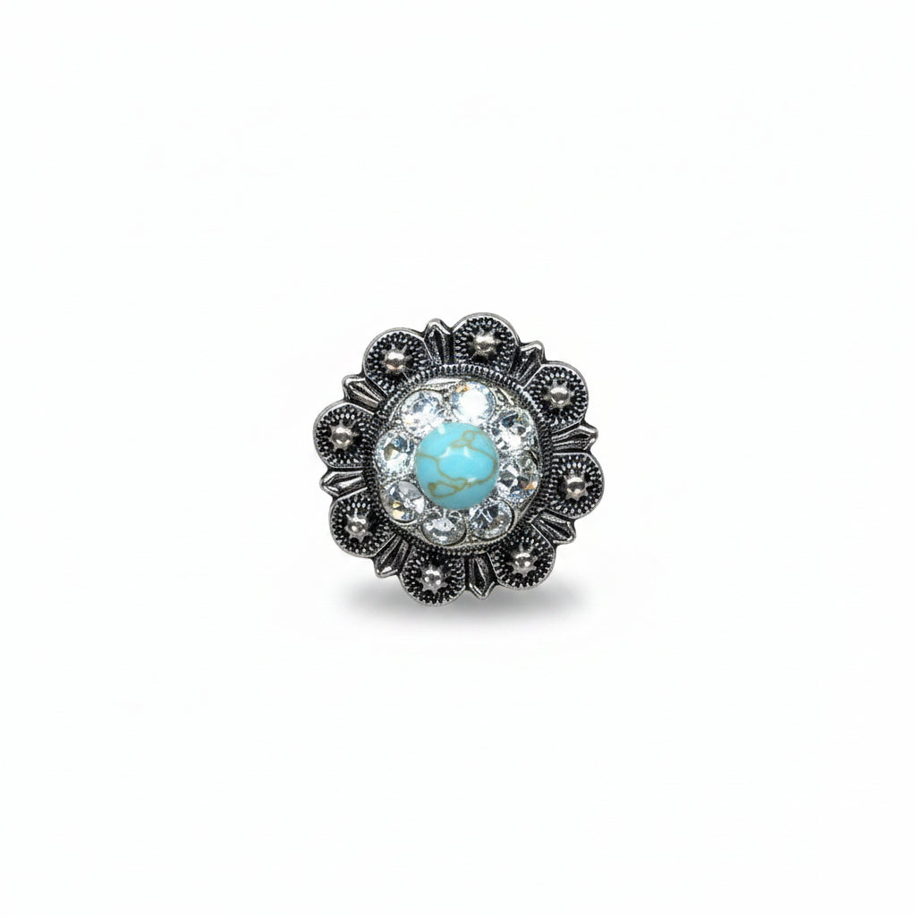 Antique Silver Turquoise - Clear Crystal Conchos | Sizes 1"- 3" | Buckles | Saddle Set | Leather Rosettes | Slide