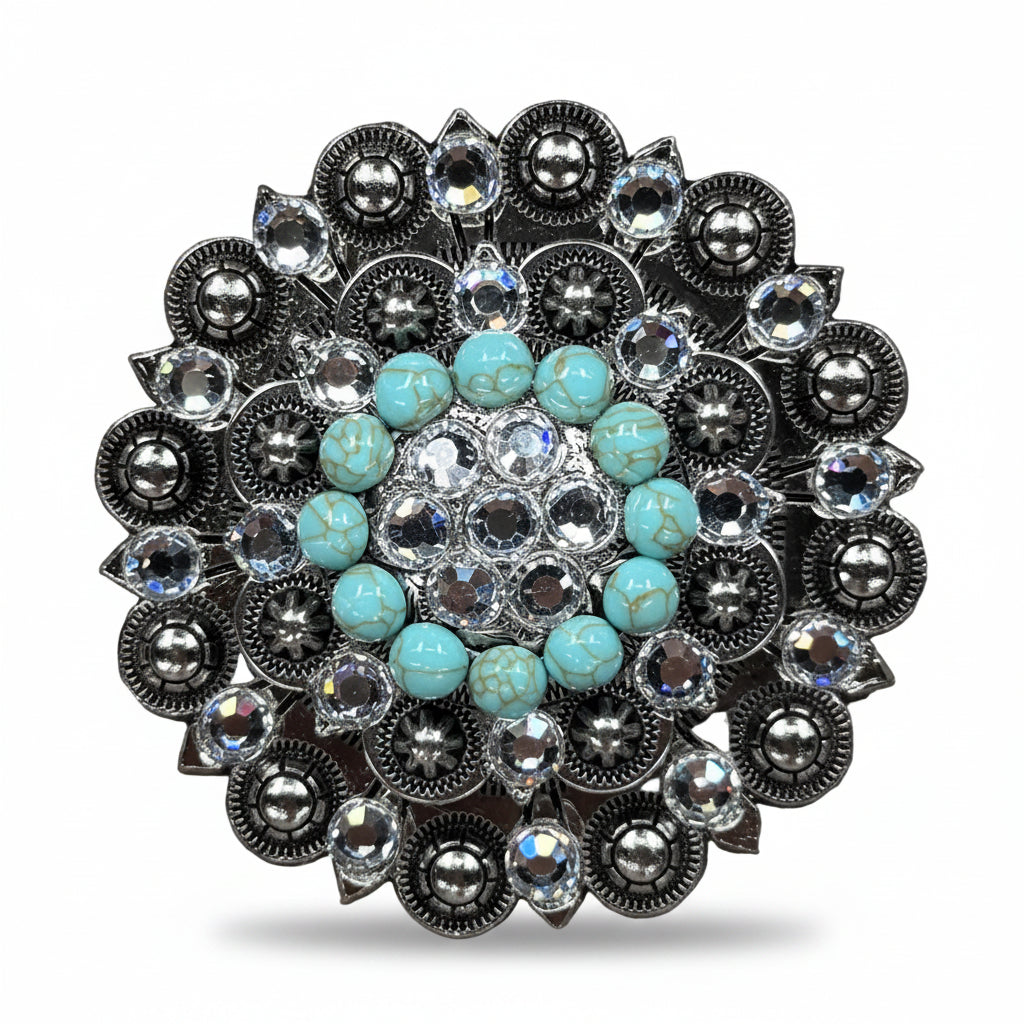 Antique Silver Turquoise - Clear Crystal Conchos | Sizes 1"- 3" | Buckles | Saddle Set | Leather Rosettes | Slide