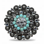 Antique Silver Turquoise - Clear Crystal Conchos | Sizes 1"- 3" | Buckles | Saddle Set | Leather Rosettes | Slide