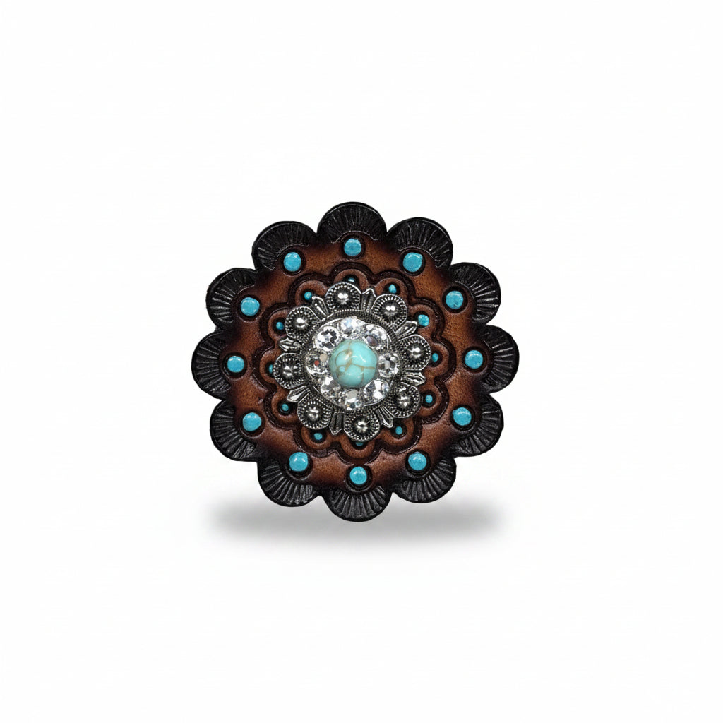 Antique Silver Turquoise - Clear Crystal Conchos | Sizes 1"- 3" | Buckles | Saddle Set | Leather Rosettes | Slide
