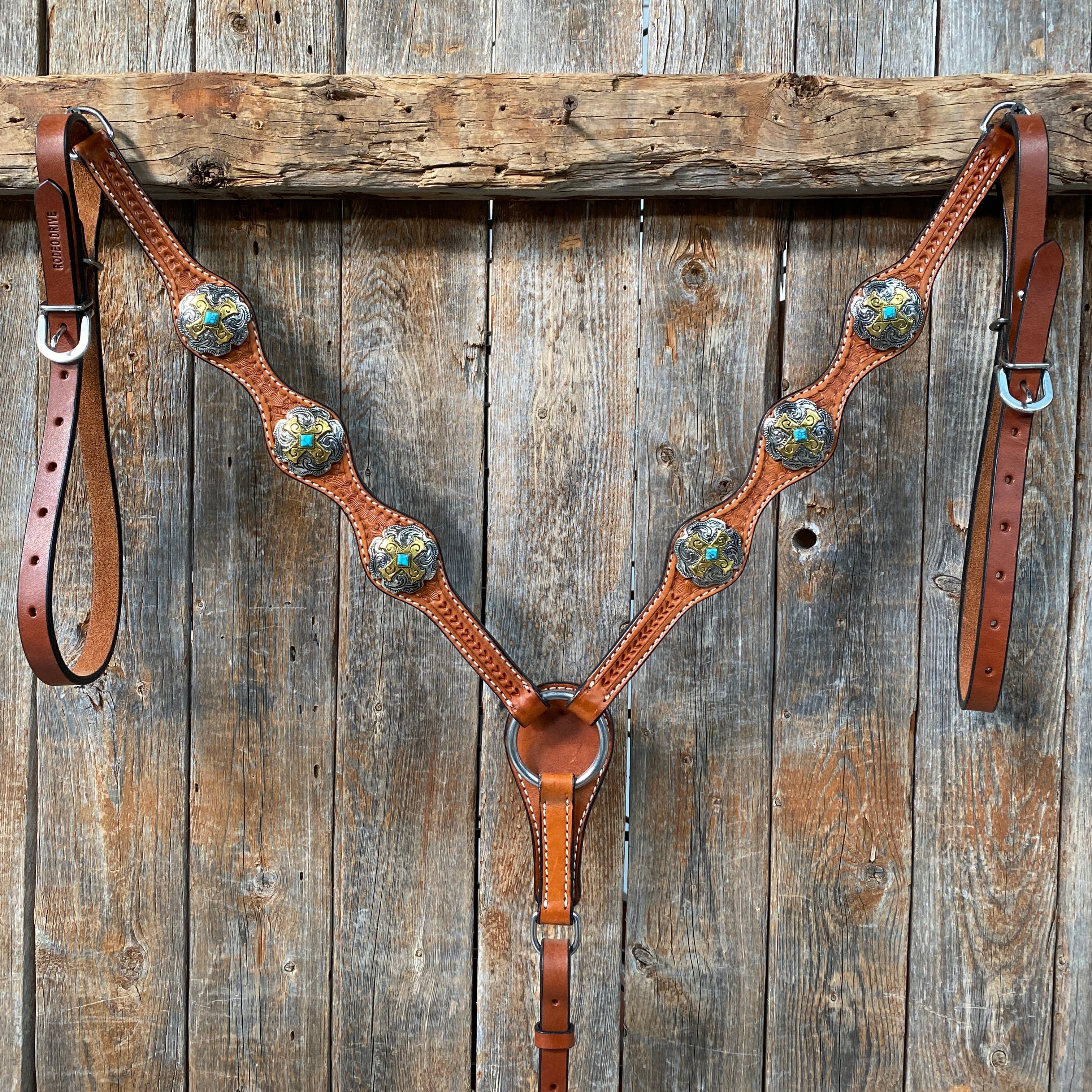 Light Oil Basketweave Turquoise and Cross One Ear Tack Set  #OEBC659