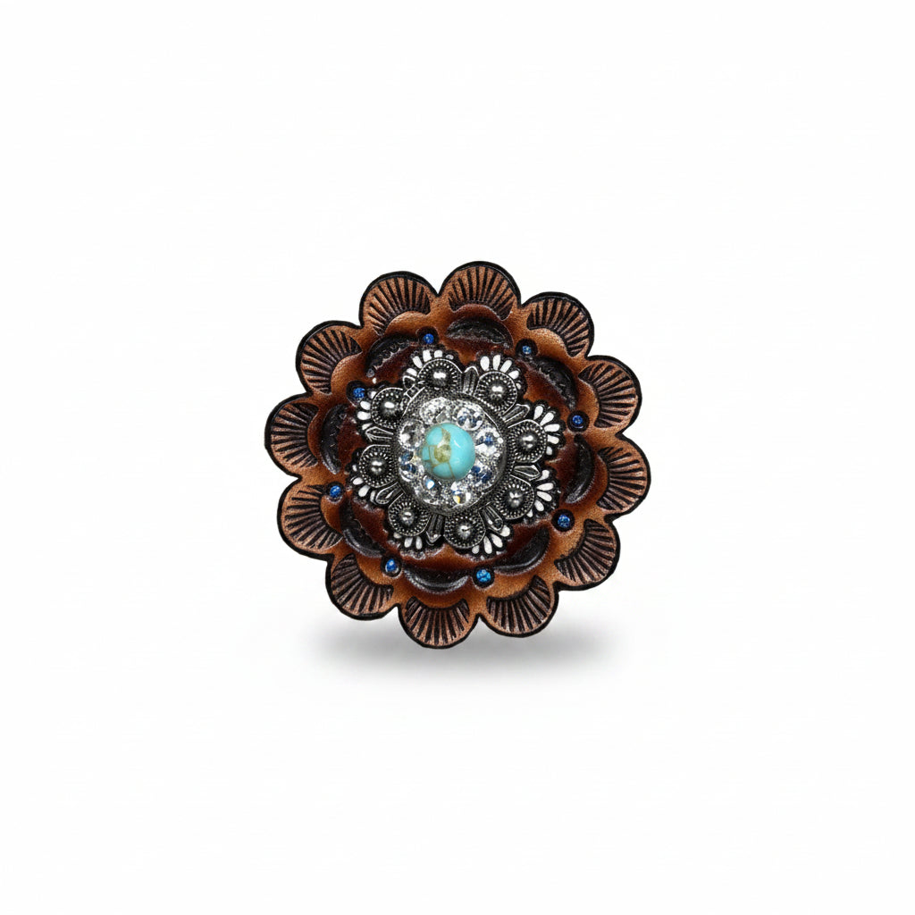 Antique Silver Turquoise - Clear Crystal Conchos | Sizes 1"- 3" | Buckles | Saddle Set | Leather Rosettes | Slide
