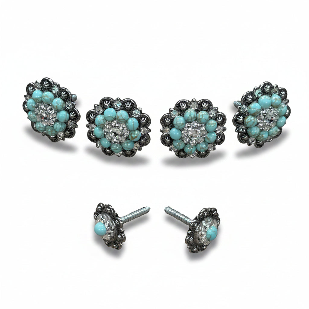 Antique Silver Turquoise - Clear Crystal Conchos | Sizes 1"- 3" | Buckles | Saddle Set | Leather Rosettes | Slide