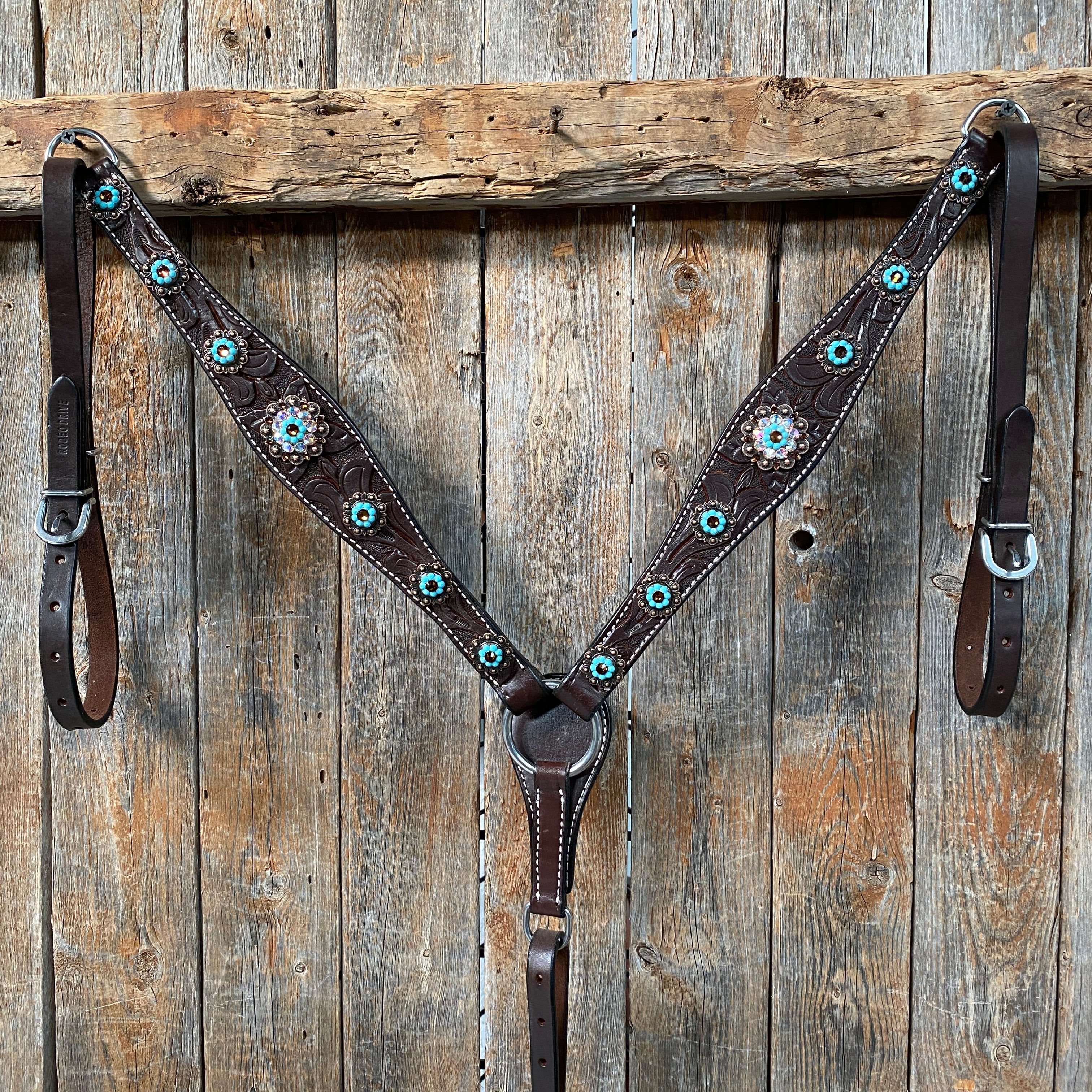 Dark Oil Floral Topaz & Turquoise Browband / Breastcollar Tack Set  #BBBC592