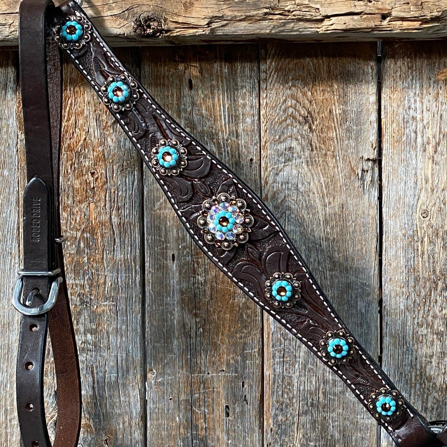 Dark Oil Floral Topaz & Turquoise Browband / Breastcollar Tack Set  #BBBC592