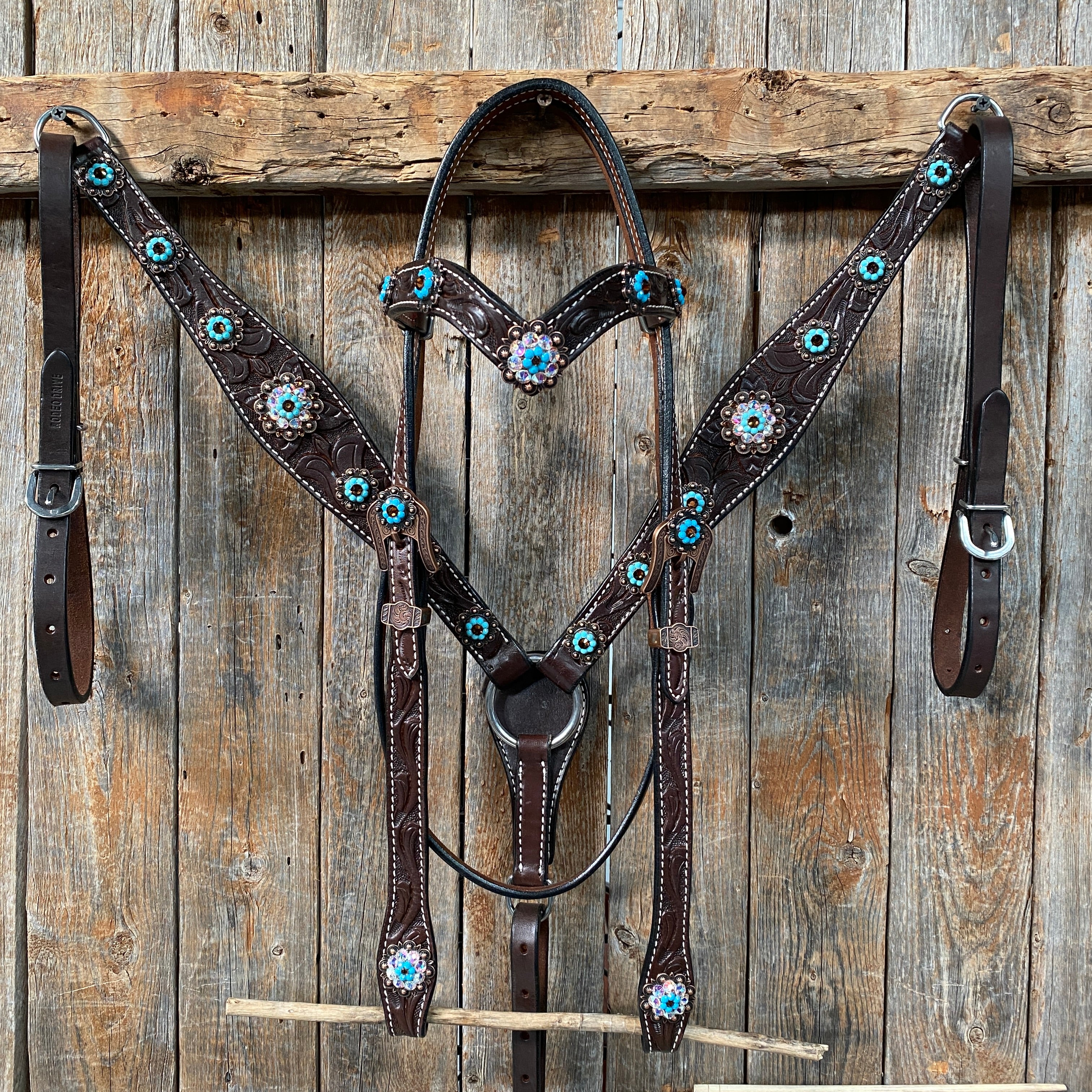 Dark Oil Floral Topaz & Turquoise Browband / Breastcollar Tack Set  #BBBC592
