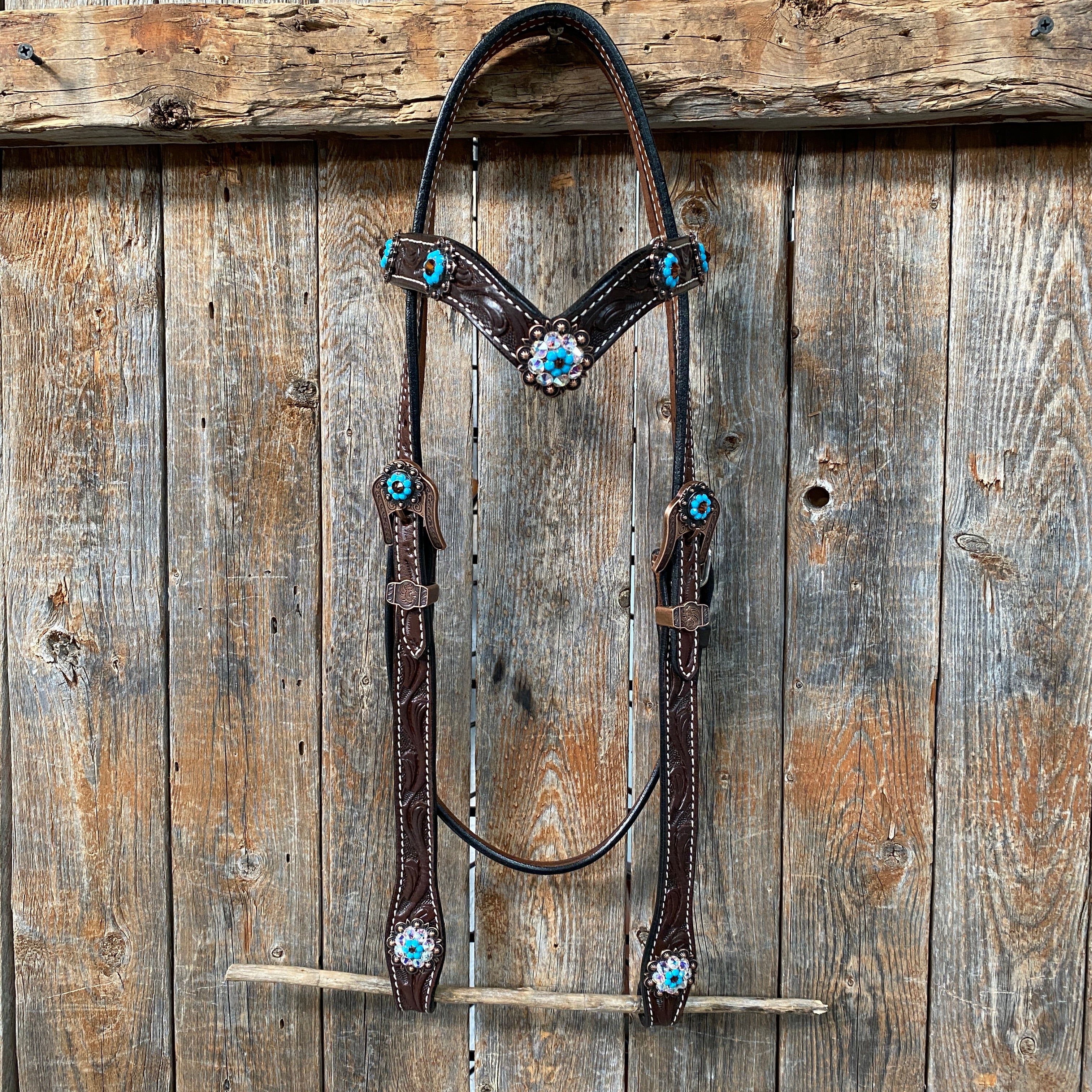 Dark Oil Floral Topaz & Turquoise Browband / Breastcollar Tack Set  #BBBC592
