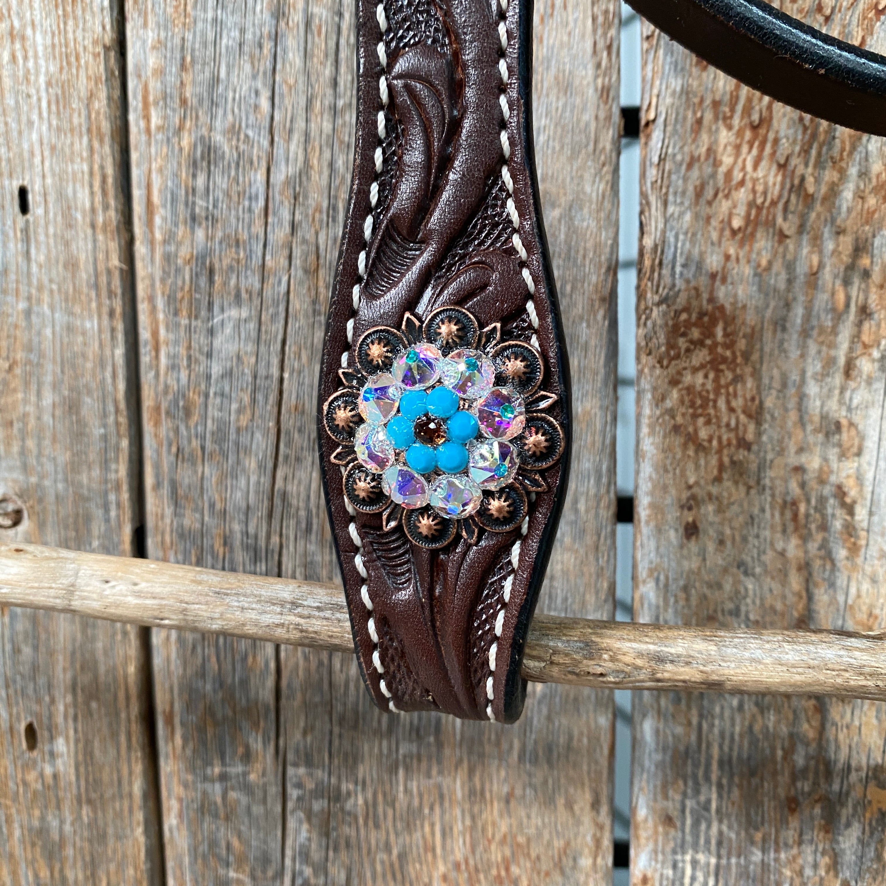 Dark Oil Floral Topaz & Turquoise Browband / Breastcollar Tack Set  #BBBC592