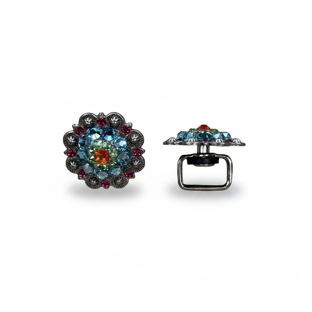 Antique Silver Tie Dye Crystal Conchos | Sizes 1"- 3" | Buckles | Saddle Set | Leather Rosettes | Slide