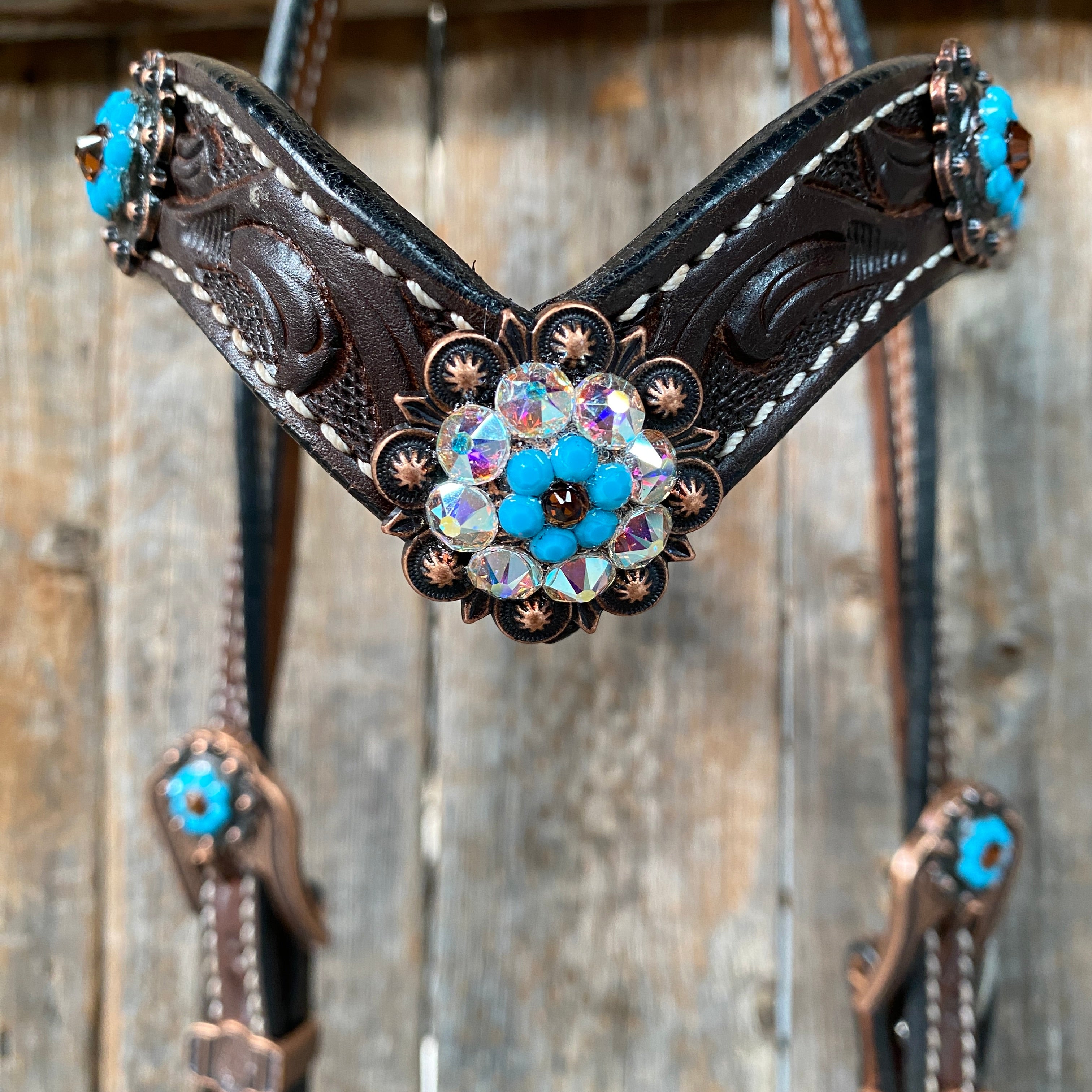Dark Oil Floral Topaz & Turquoise Browband / Breastcollar Tack Set  #BBBC592