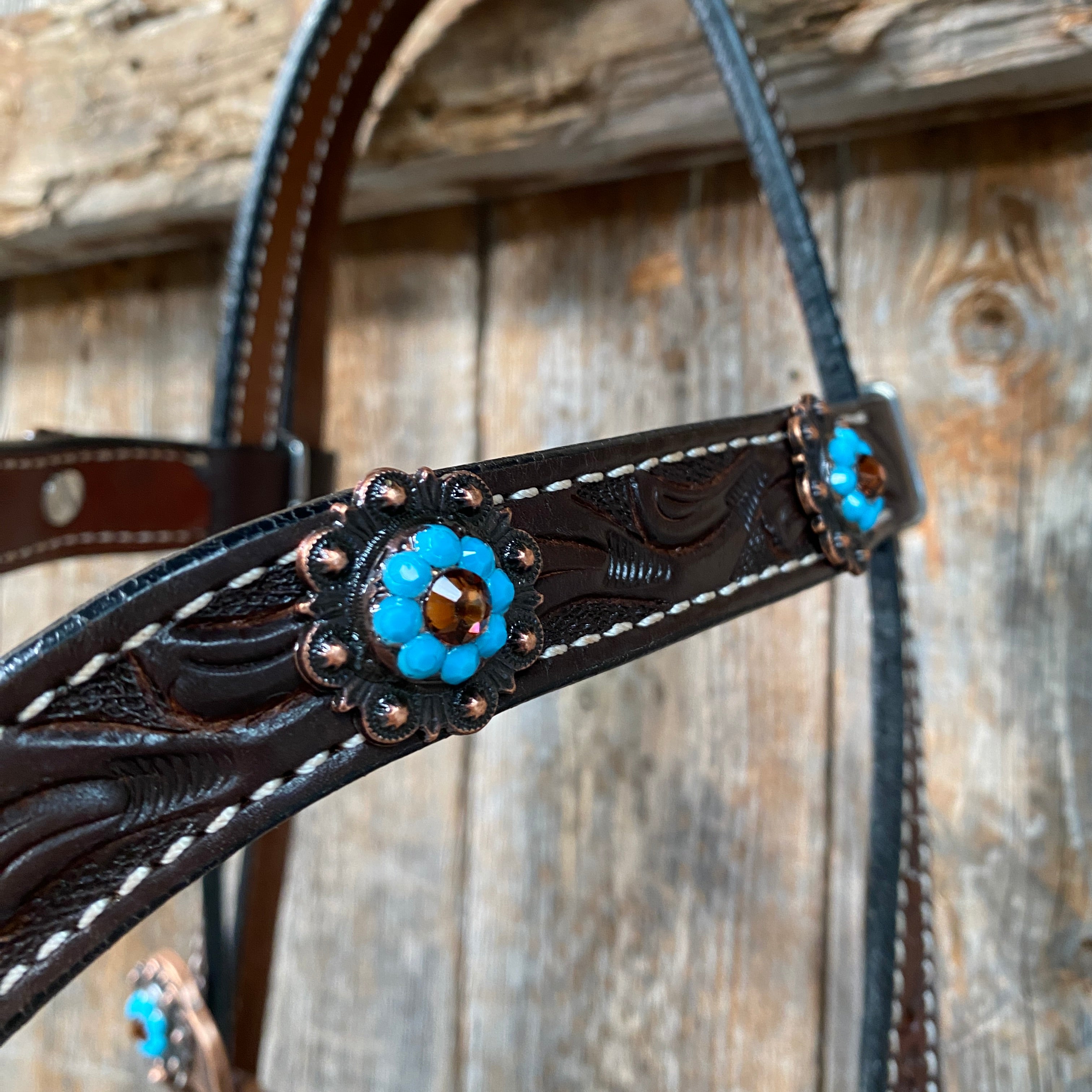 Dark Oil Floral Topaz & Turquoise Browband / Breastcollar Tack Set  #BBBC592