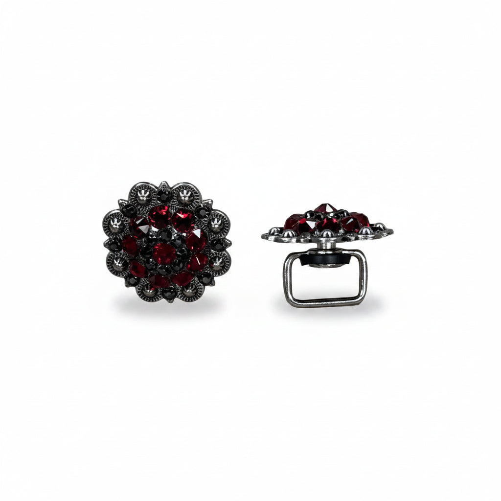 Antique Silver Ruby - Jet Crystal Conchos | Sizes 1"- 3" | Buckles | Saddle Set | Leather Rosettes | Slide