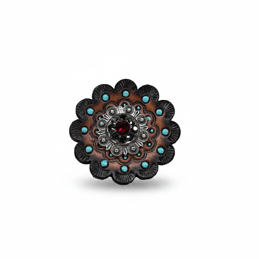 Antique Silver Ruby - Jet Crystal Conchos | Sizes 1"- 3" | Buckles | Saddle Set | Leather Rosettes | Slide