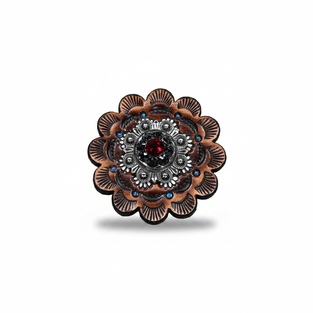 Antique Silver Ruby - Jet Crystal Conchos | Sizes 1"- 3" | Buckles | Saddle Set | Leather Rosettes | Slide