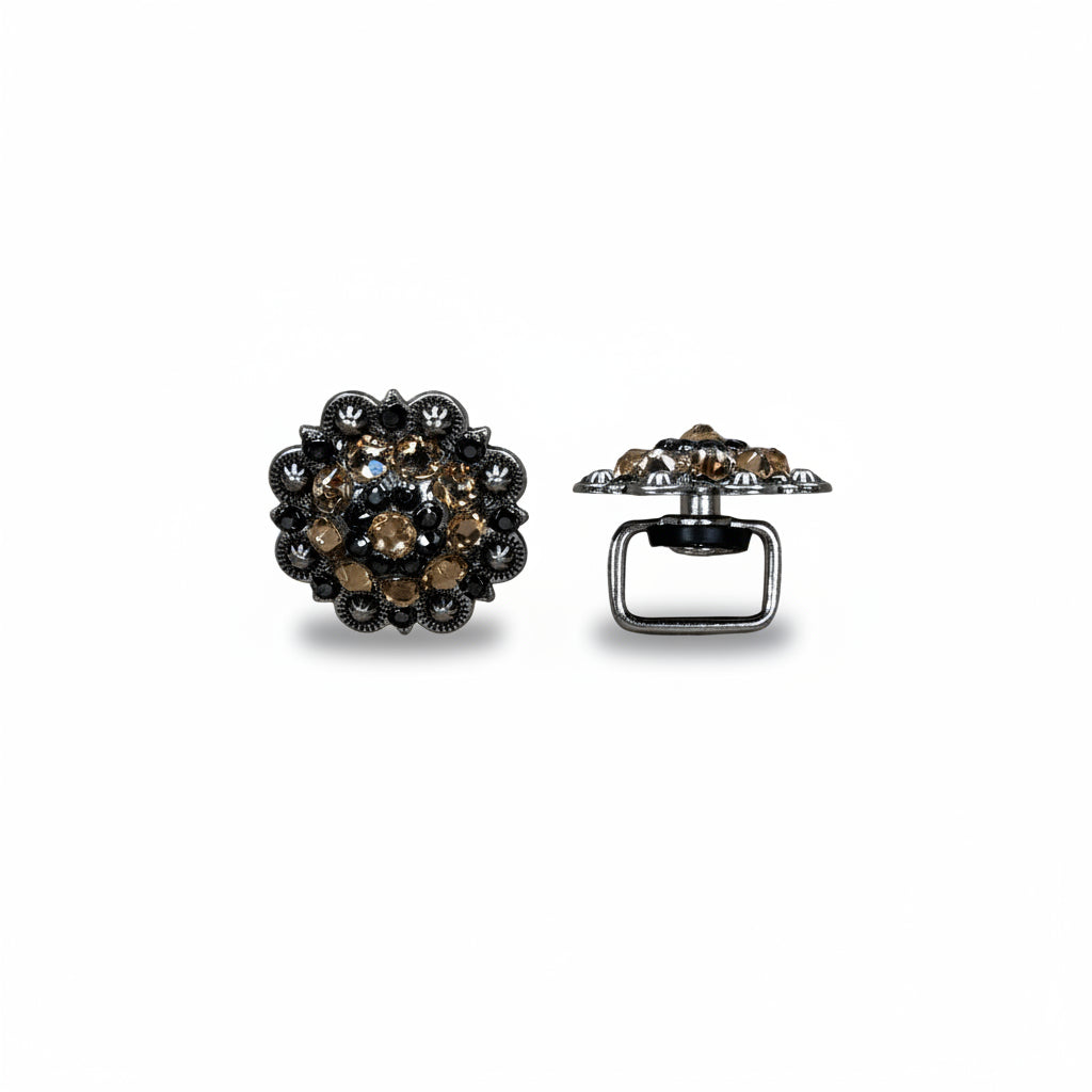 Antique Silver Champagne - Jet Crystal Conchos | Sizes 1"- 3" | Buckles | Saddle Set | Leather Rosettes | Slide