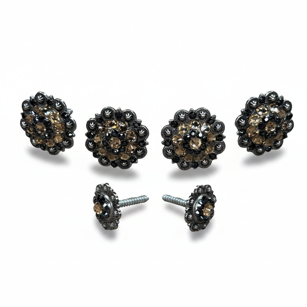Antique Silver Champagne - Jet Crystal Conchos | Sizes 1"- 3" | Buckles | Saddle Set | Leather Rosettes | Slide