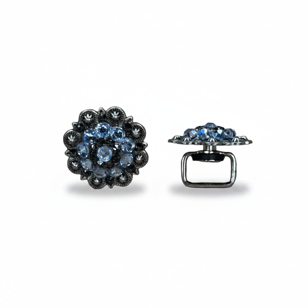 Antique Silver Light Sapphire - Jet Crystal Conchos | Sizes 1"- 3" | Buckles | Saddle Set | Leather Rosettes | Slide