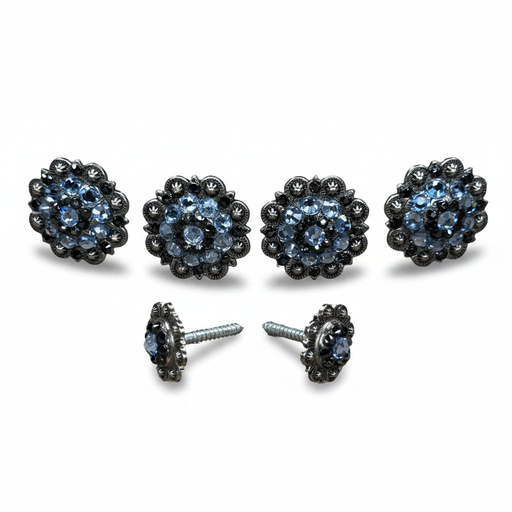 Antique Silver Light Sapphire - Jet Crystal Conchos | Sizes 1"- 3" | Buckles | Saddle Set | Leather Rosettes | Slide