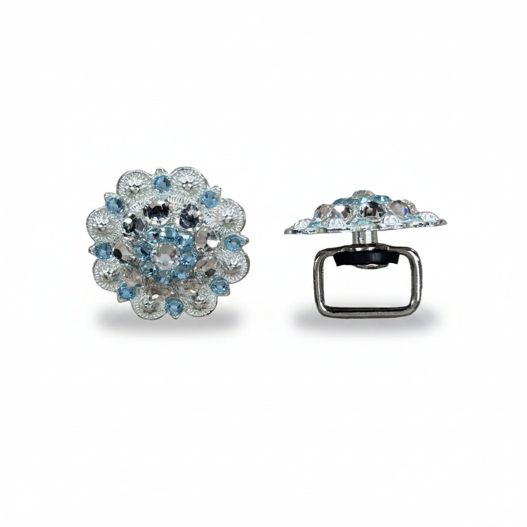 Bright Silver Aqua - Clear Crystal Conchos | Sizes 1"- 3" | Buckles | Saddle Set | Leather Rosettes | Slide