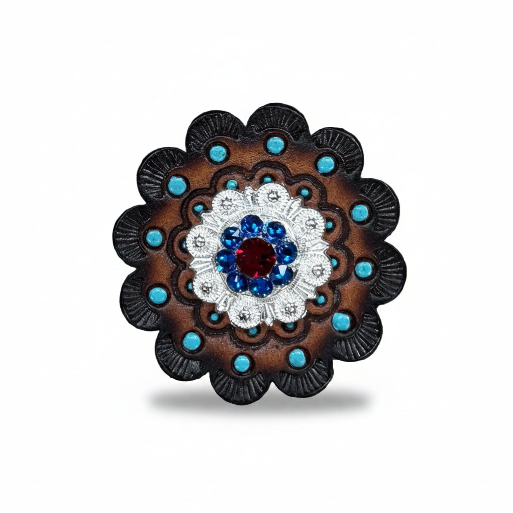 Bright Silver Red - White - Blue Crystal Conchos | Sizes 1"- 3" | Buckles | Saddle Set | Leather Rosettes | Slide