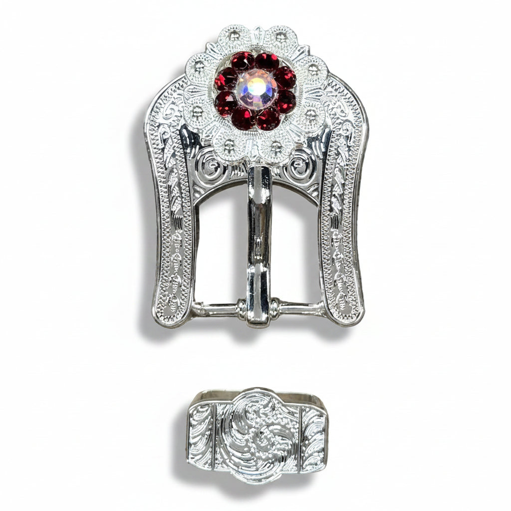 Bright Silver Ruby - AB Crystal Conchos | Sizes 1"- 3" | Buckles | Saddle Set | Leather Rosettes | Slide