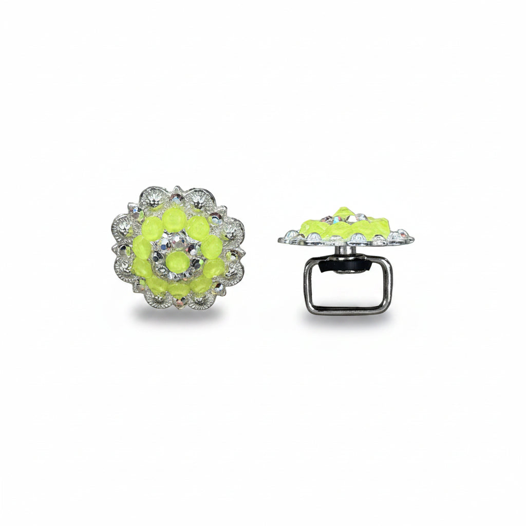 Bright Silver Neon Yellow - AB Crystal Conchos| Sizes 1"- 3" | Buckles | Saddle Set | Leather Rosettes | Slide
