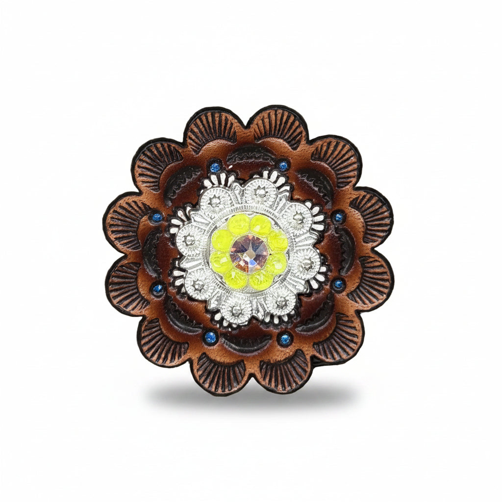 Bright Silver Neon Yellow - AB Crystal Conchos| Sizes 1"- 3" | Buckles | Saddle Set | Leather Rosettes | Slide