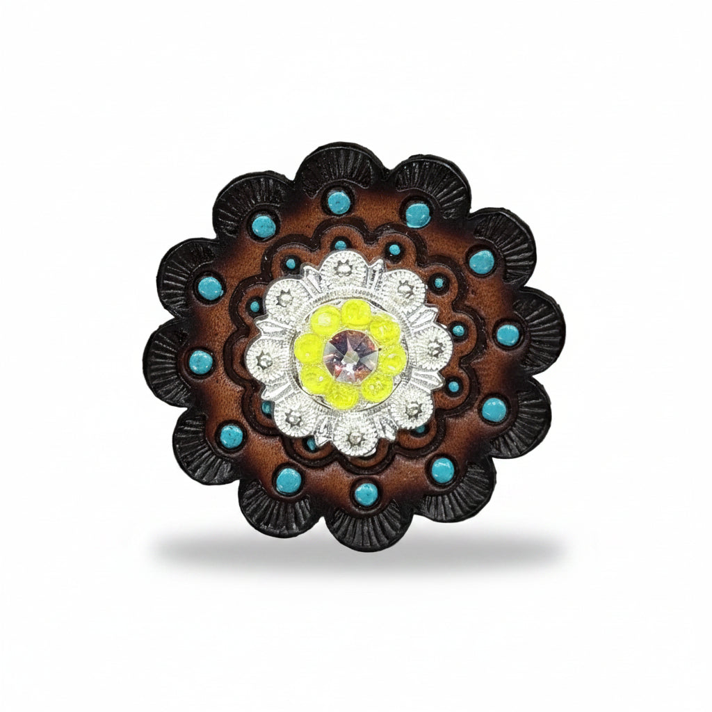 Bright Silver Neon Yellow - AB Crystal Conchos| Sizes 1"- 3" | Buckles | Saddle Set | Leather Rosettes | Slide