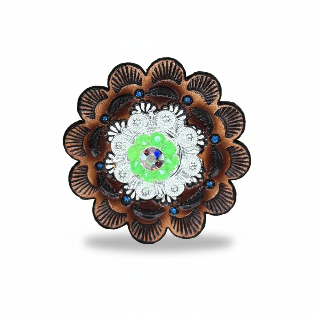 Bright Silver Neon Green - AB Crystal Conchos | Sizes 1"- 3" | Buckles | Saddle Set | Leather Rosettes | Slide