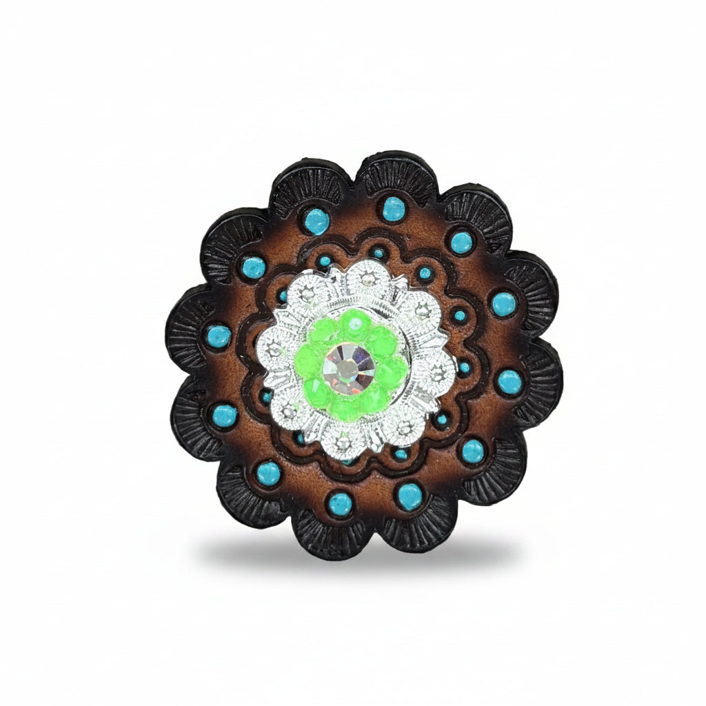 Bright Silver Neon Green - AB Crystal Conchos | Sizes 1"- 3" | Buckles | Saddle Set | Leather Rosettes | Slide