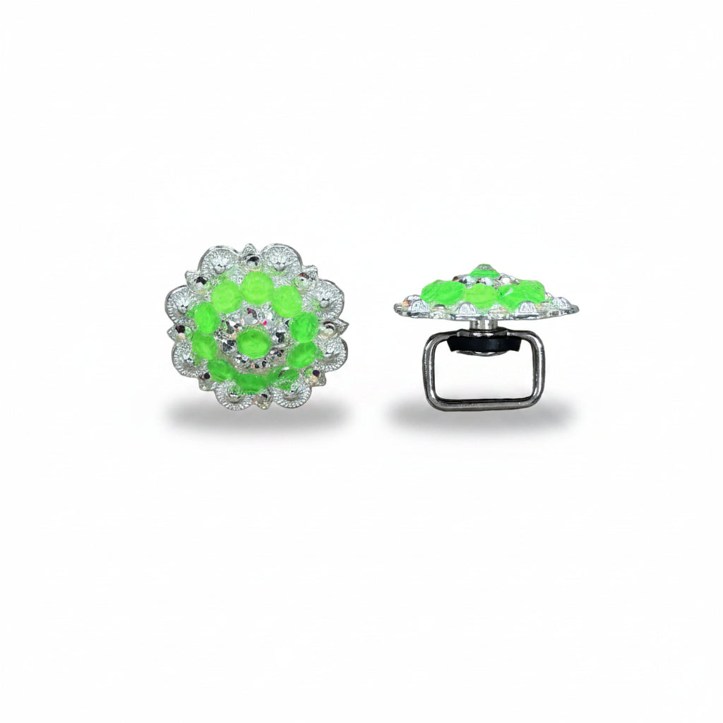 Bright Silver Neon Green - AB Crystal Conchos | Sizes 1"- 3" | Buckles | Saddle Set | Leather Rosettes | Slide