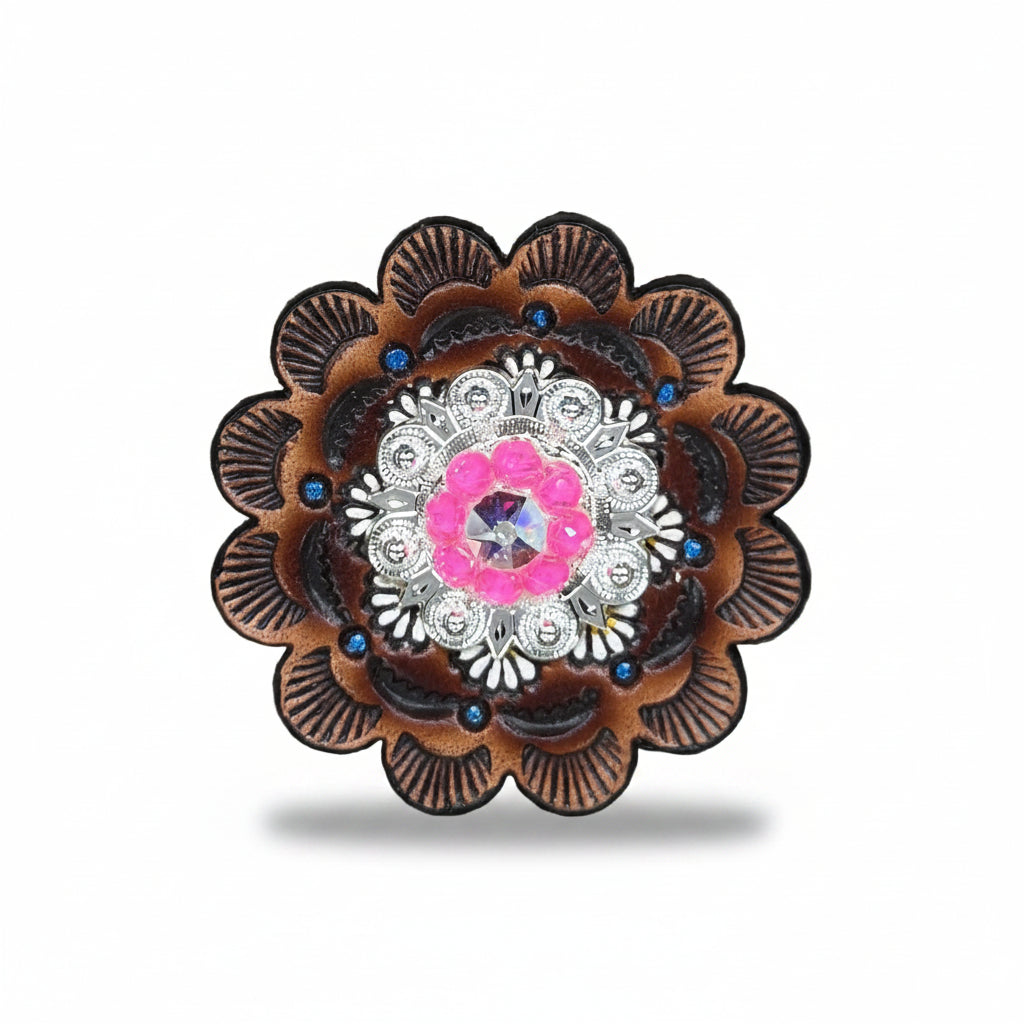 Bright Silver Neon Pink - AB Crystal Conchos | Sizes 1"- 3" | Buckles | Saddle Set | Leather Rosettes | Slide