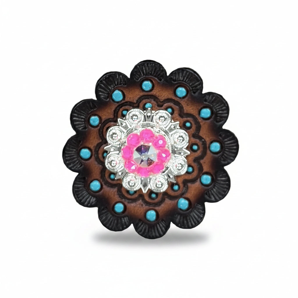 Bright Silver Neon Pink - AB Crystal Conchos | Sizes 1"- 3" | Buckles | Saddle Set | Leather Rosettes | Slide