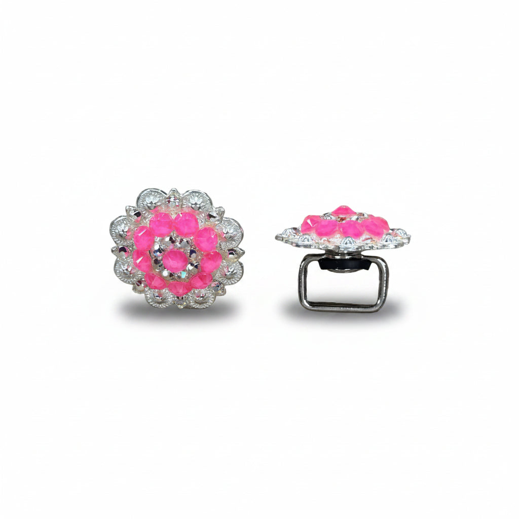 Bright Silver Neon Pink - AB Crystal Conchos | Sizes 1"- 3" | Buckles | Saddle Set | Leather Rosettes | Slide