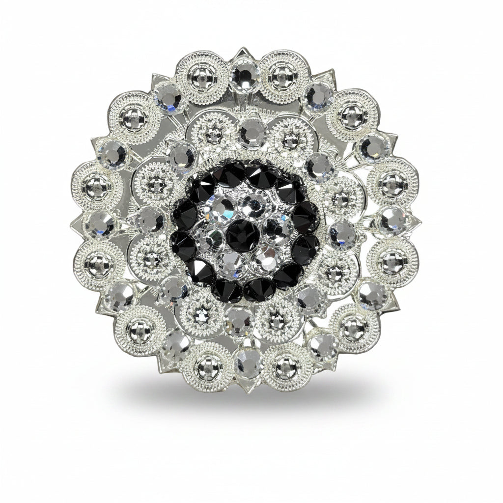 Bright Silver Jet - Clear Crystal Conchos | Sizes 1"- 3" | Buckles | Saddle Set | Leather Rosettes | Slide