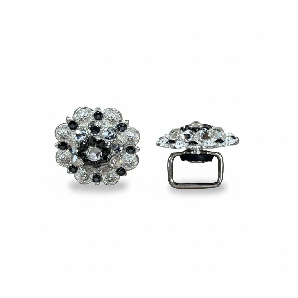 Bright Silver Jet - Clear Crystal Conchos | Sizes 1"- 3" | Buckles | Saddle Set | Leather Rosettes | Slide