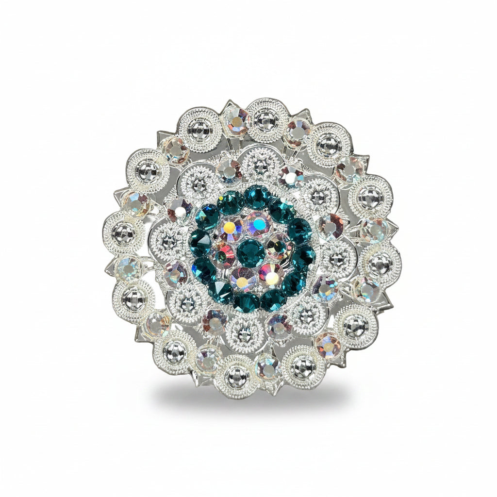 Bright Silver Teal - AB Crystal Conchos | Sizes 1"- 3" | Buckles | Saddle Set | Leather Rosettes | Slide