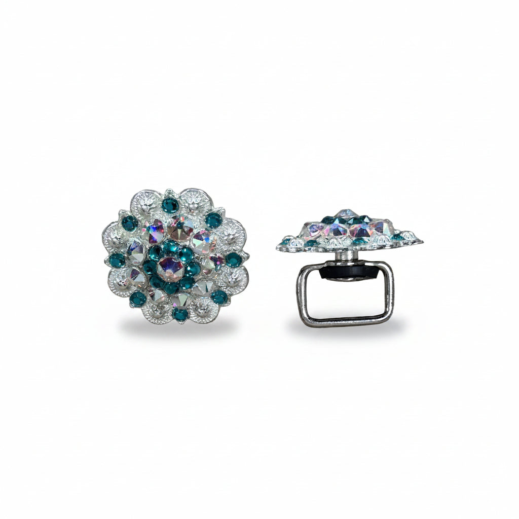 Bright Silver Teal - AB Crystal Conchos | Sizes 1"- 3" | Buckles | Saddle Set | Leather Rosettes | Slide