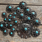 Antique Silver Turquoise Flower Western Concho W231