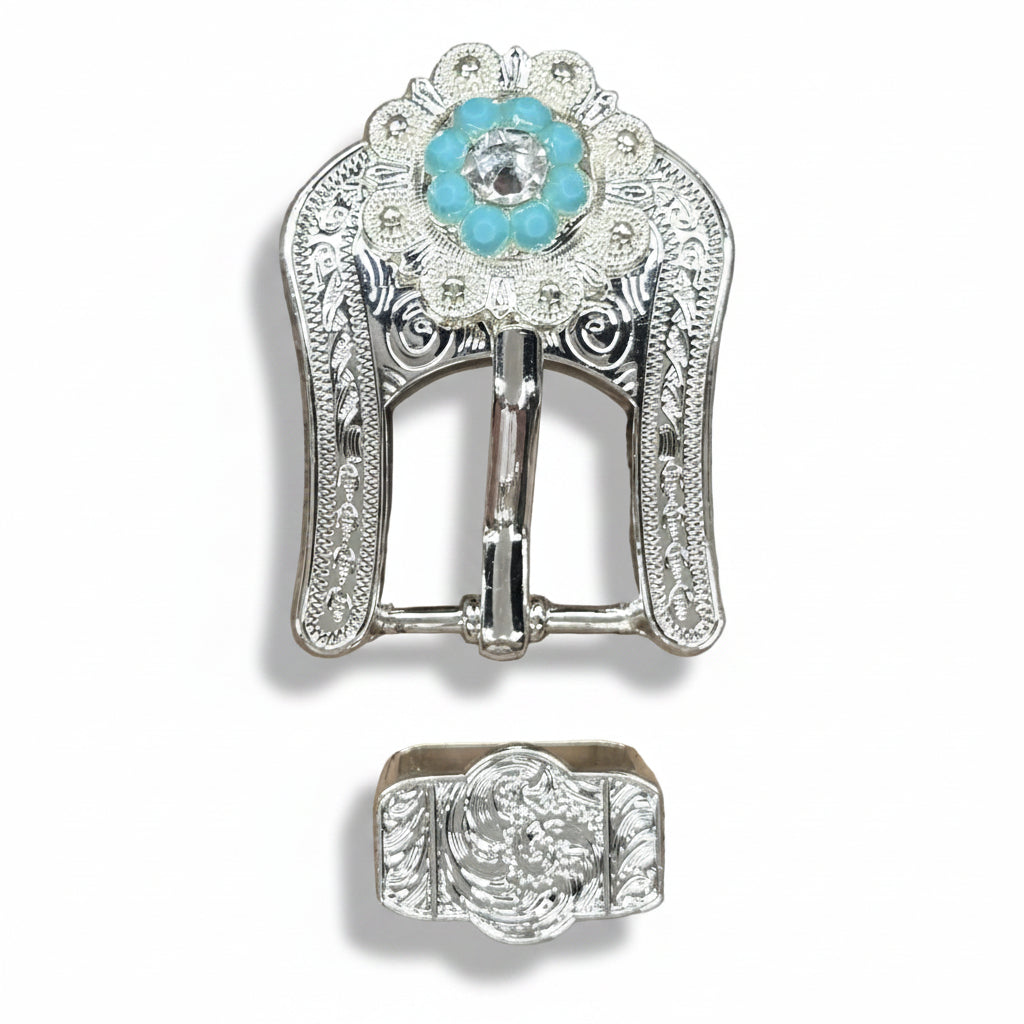 Bright Silver Turquoise - Clear Crystal Conchos | Sizes 1"- 3" | Buckles | Saddle Set | Leather Rosettes | Slide