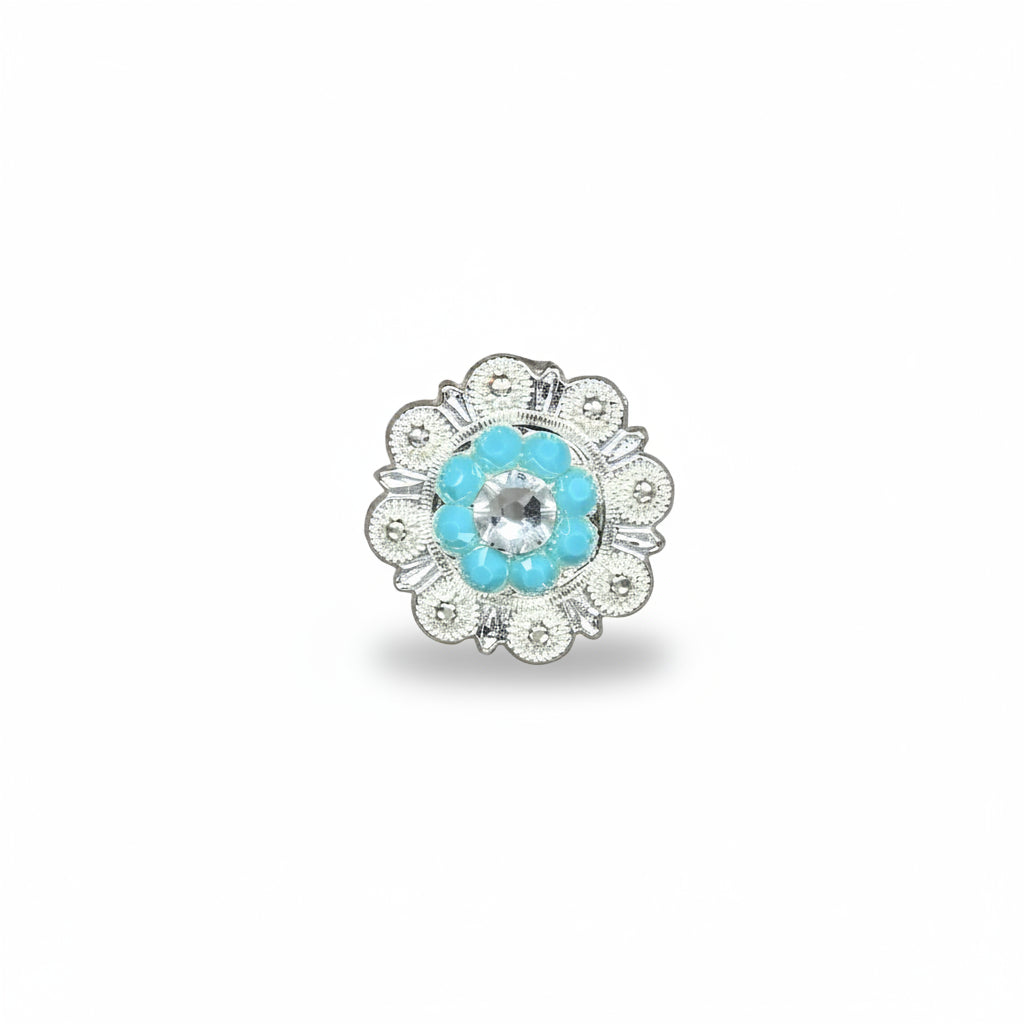 Bright Silver Turquoise - Clear Crystal Conchos | Sizes 1"- 3" | Buckles | Saddle Set | Leather Rosettes | Slide