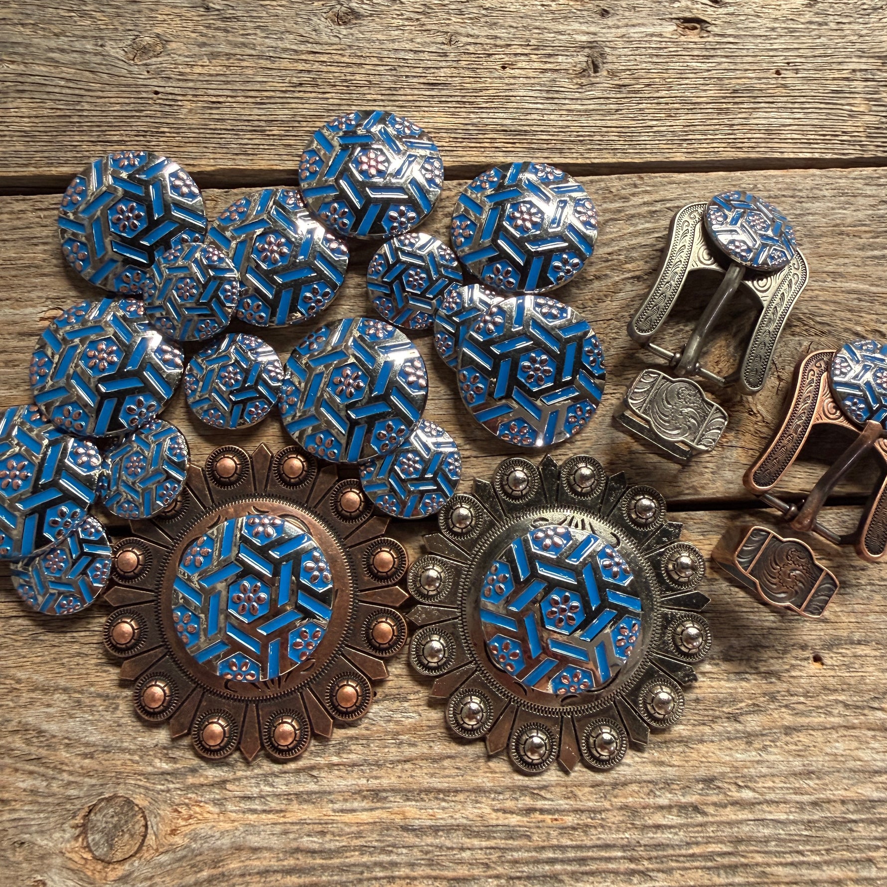 Antique Silver Blue Geometric Western Concho W236