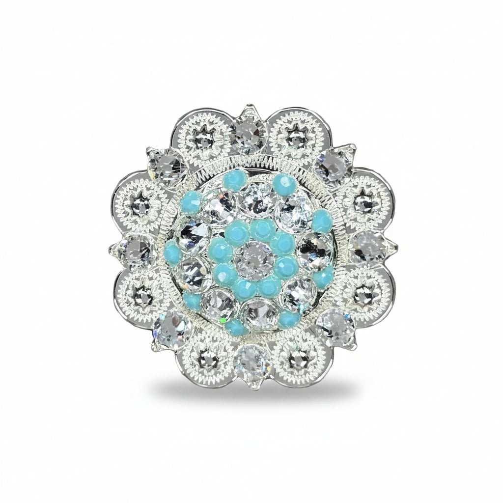 Bright Silver Turquoise - Clear Crystal Conchos | Sizes 1"- 3" | Buckles | Saddle Set | Leather Rosettes | Slide