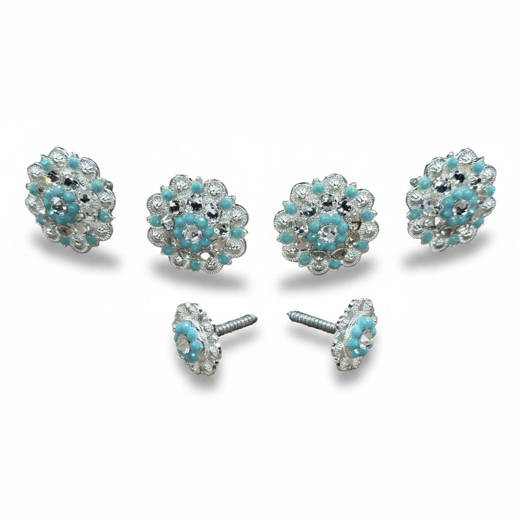 Bright Silver Turquoise - Clear Crystal Conchos | Sizes 1"- 3" | Buckles | Saddle Set | Leather Rosettes | Slide
