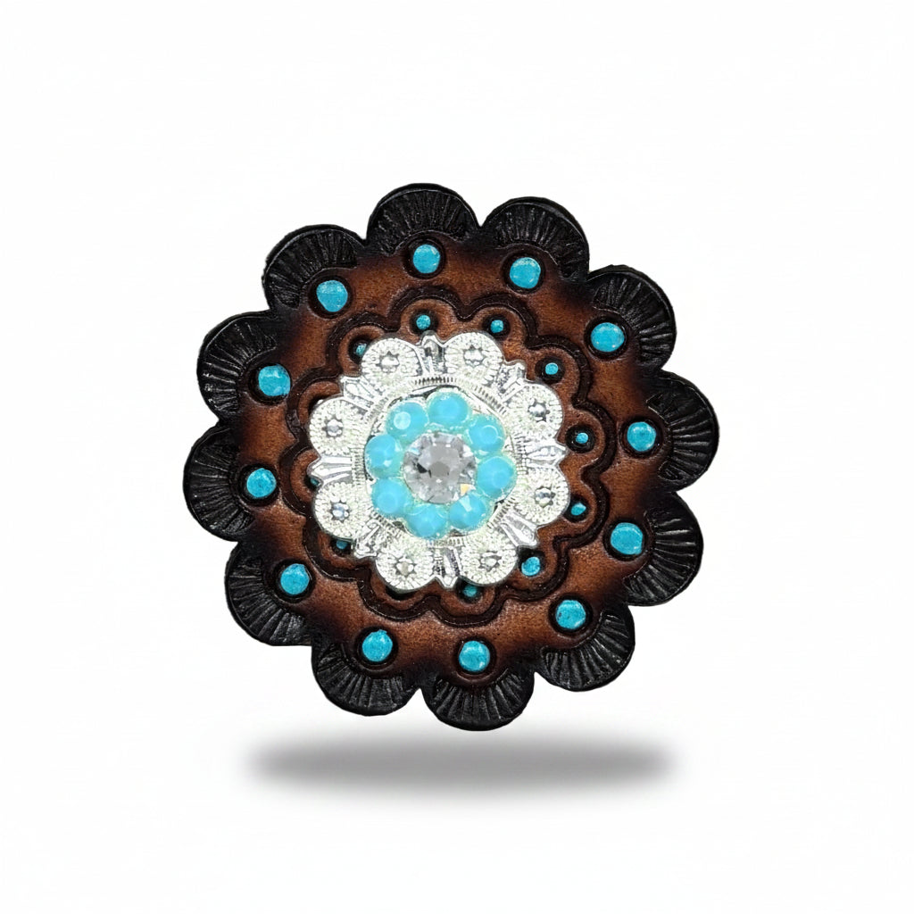 Bright Silver Turquoise - Clear Crystal Conchos | Sizes 1"- 3" | Buckles | Saddle Set | Leather Rosettes | Slide