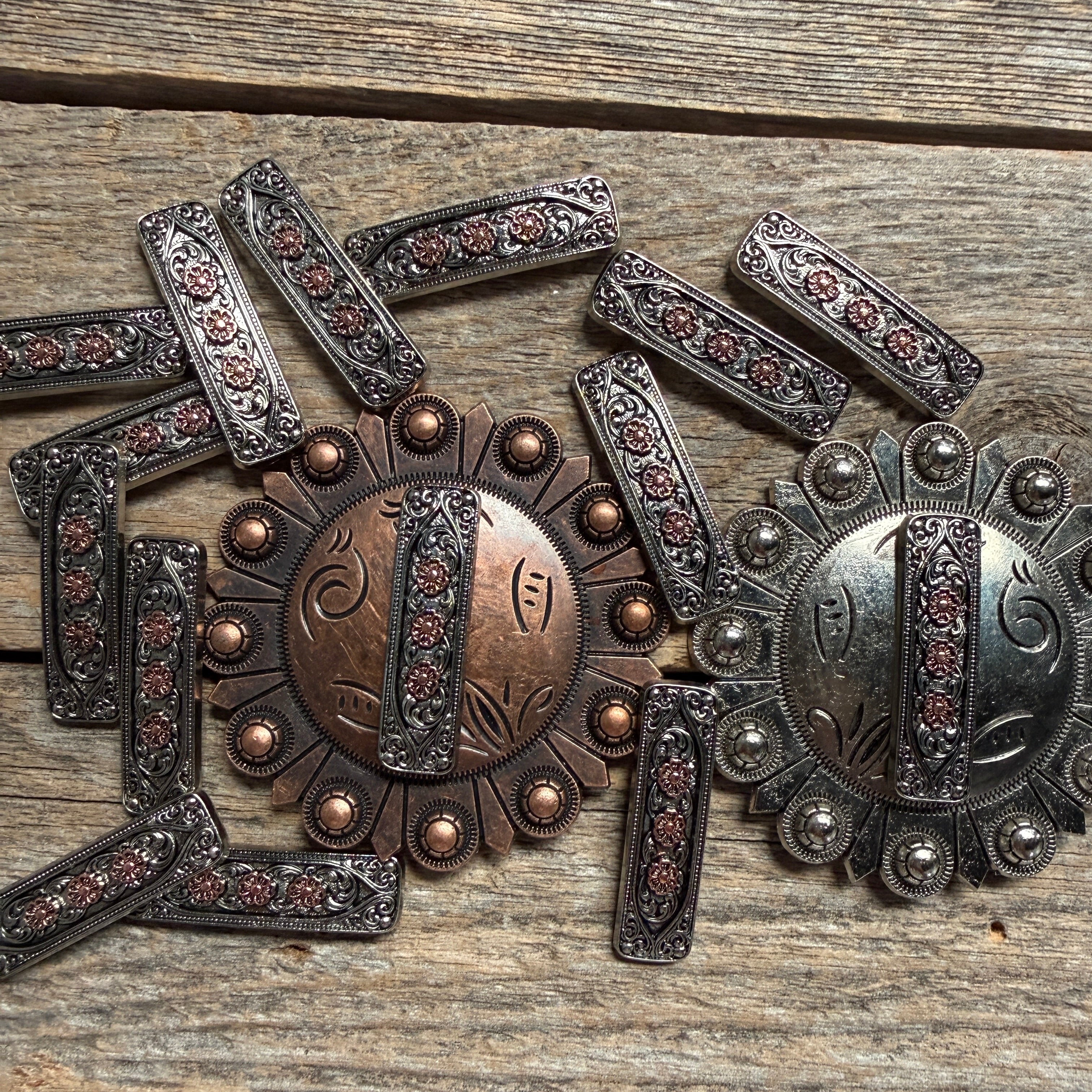 Antique Silver and Copper Flower Rectangle Concho #W268