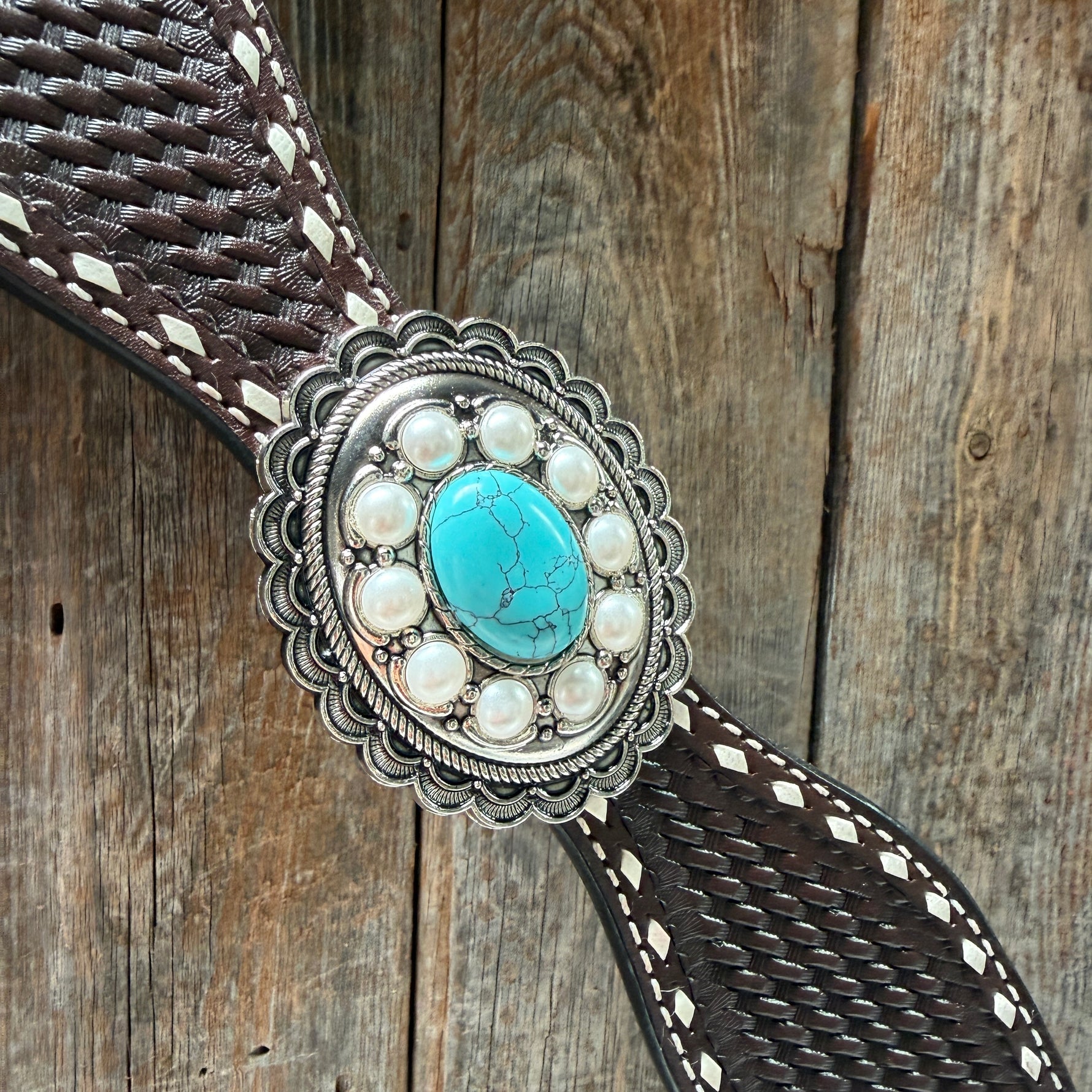 Dark Oil Buckstitch Turquoise One Ear Tack Set #OEBC527