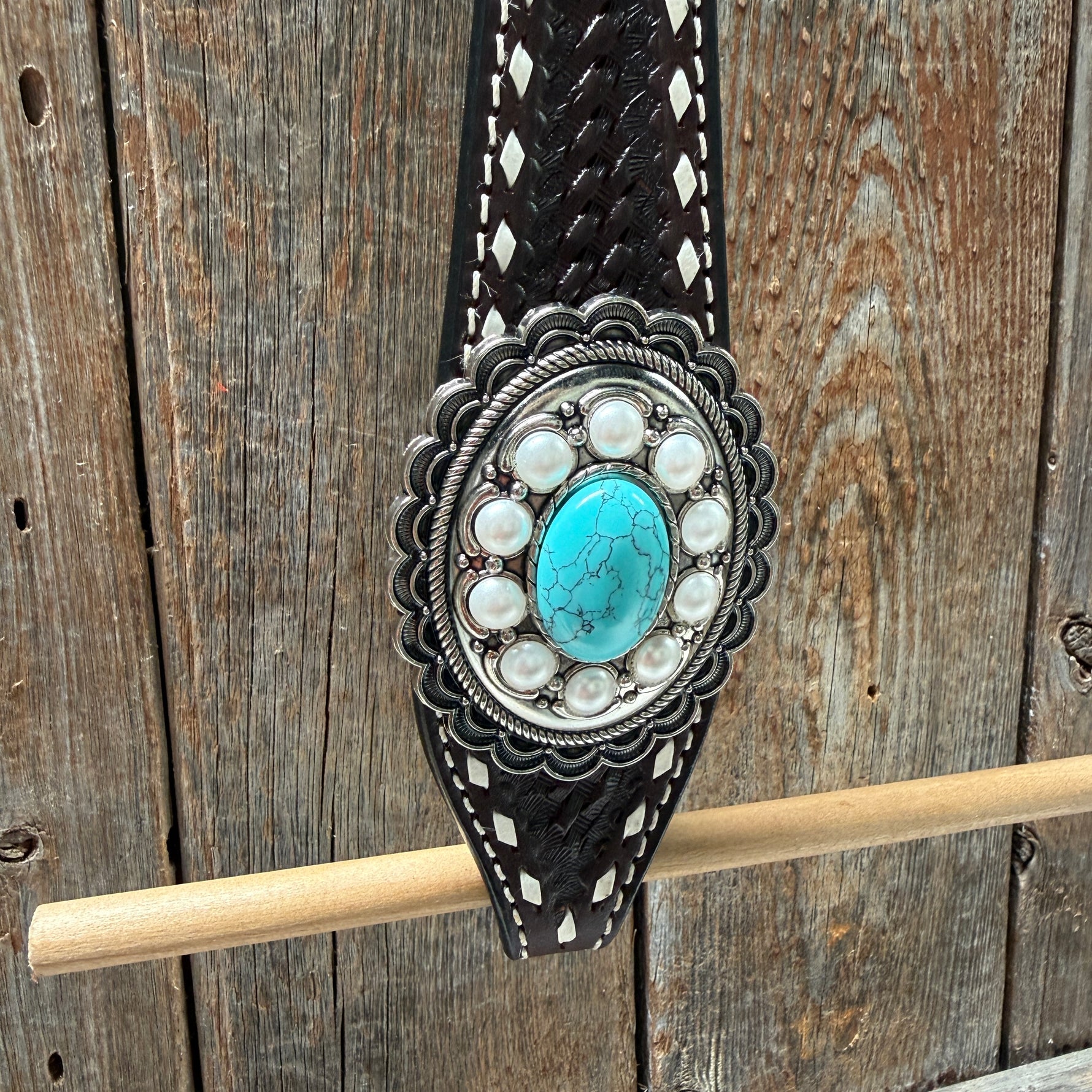 Dark Oil Buckstitch Turquoise One Ear Tack Set #OEBC527